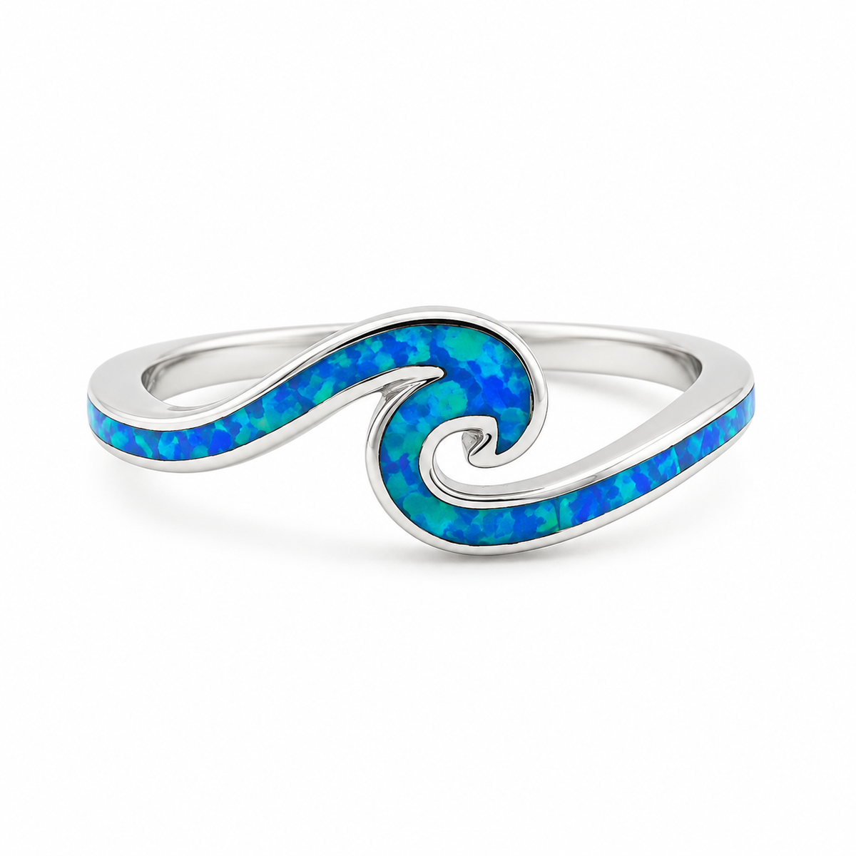 Sterling Silver Created Blue Opal Wave Ring Size 6