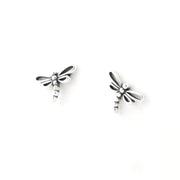 A pair of silver dragonfly stud earrings on a plain white background.