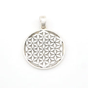 Silver pendant with geometric design on a white background