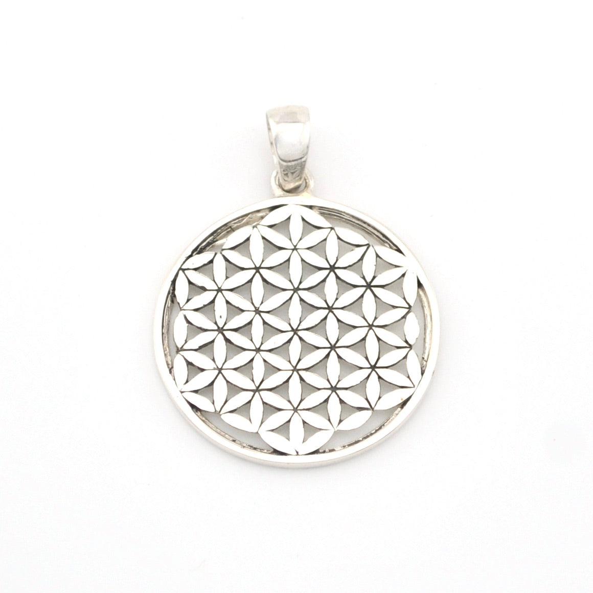 Silver pendant with geometric design on a white background