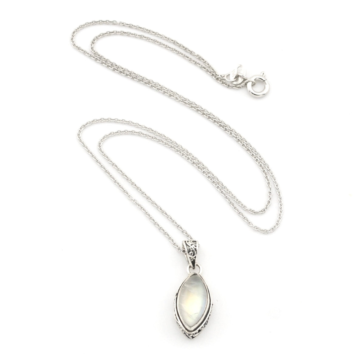 A silver chain necklace with a marquise-shaped moonstone pendant in a silver bezel setting, displayed on a clean white background.