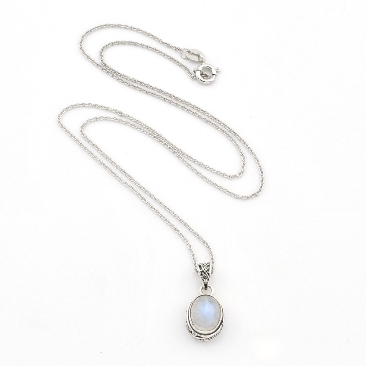Sterling Silver Moonstone 8x10mm Oval Bali Necklace