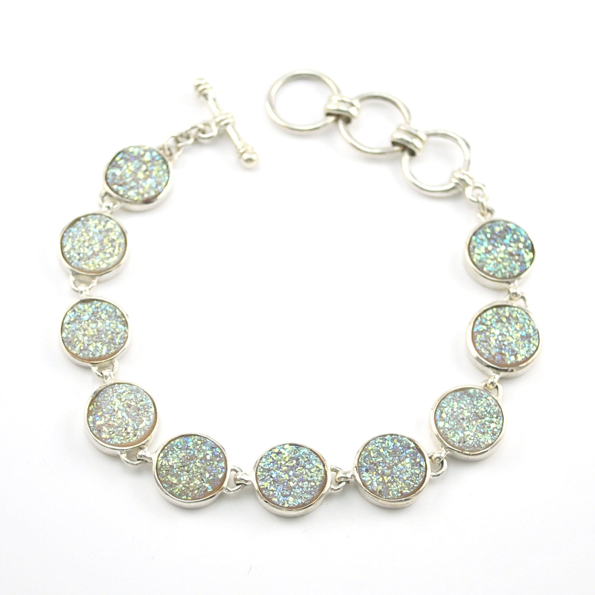 Sterling Silver Opal Druzy Agate Round Toggle Bracelet