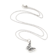 A silver butterfly pendant necklace on a delicate silver chain, displayed against a clean white background.