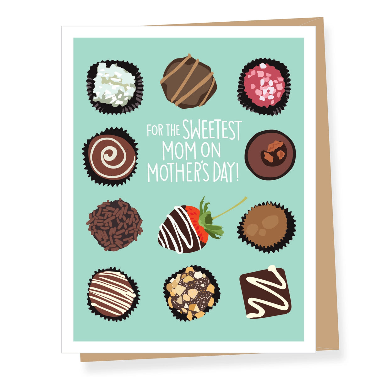 Greeting card with illustrations of chocolates and text for Mother's Day on a light blue background.