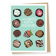Greeting card with illustrations of chocolates and text for Mother's Day on a light blue background.