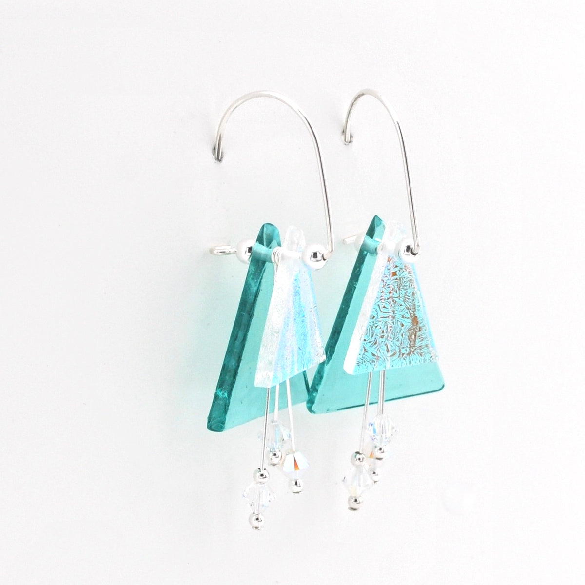 Teal Fused Glass Triangular Dangle Earrings Alternate View