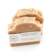 Oatmeal honey soap with a label on a white background