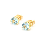 Gold stud earrings with blue gemstones on a white background