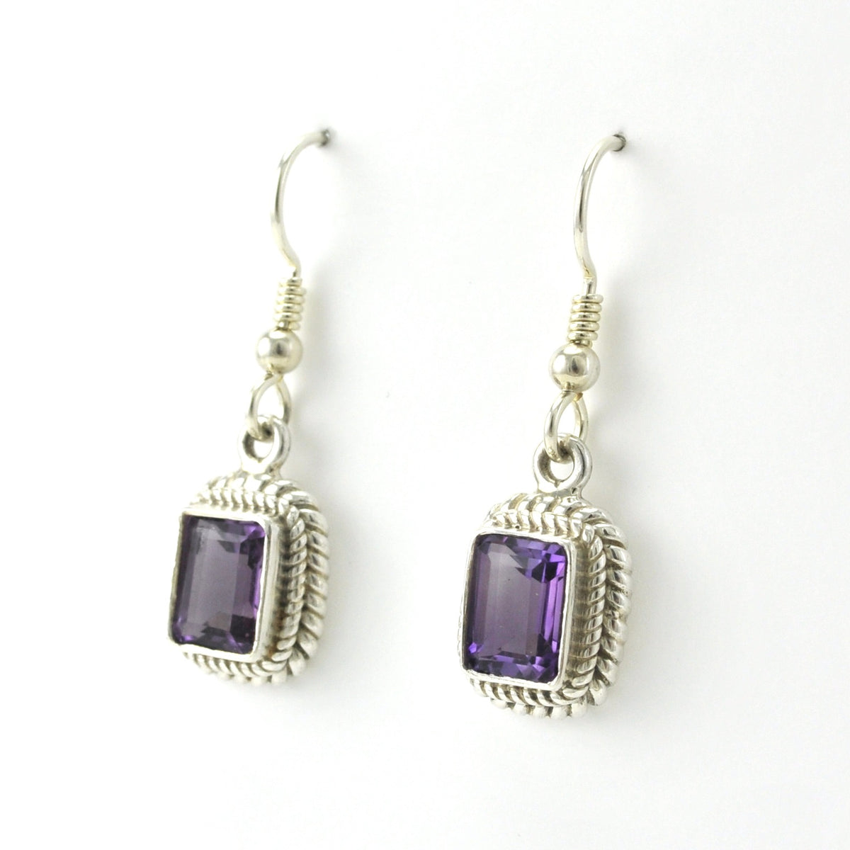 Side View Sterling Silver Amethyst 6x8mm Rectangle Dangle Earrings
