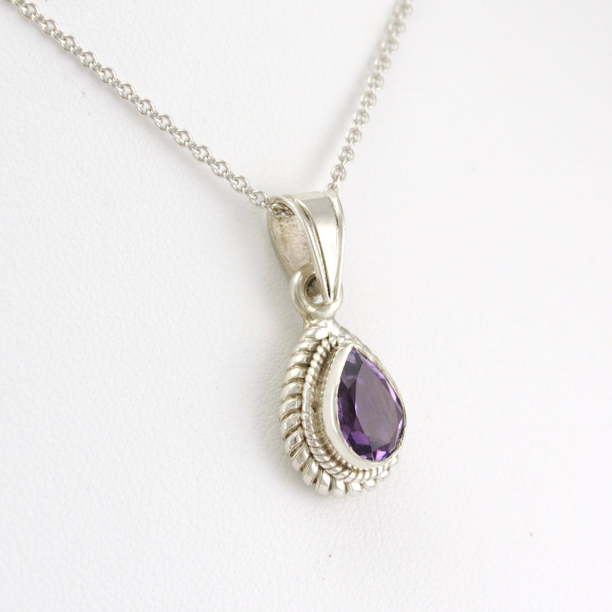Side View Sterling Silver Amethyst Teardrop Pendant