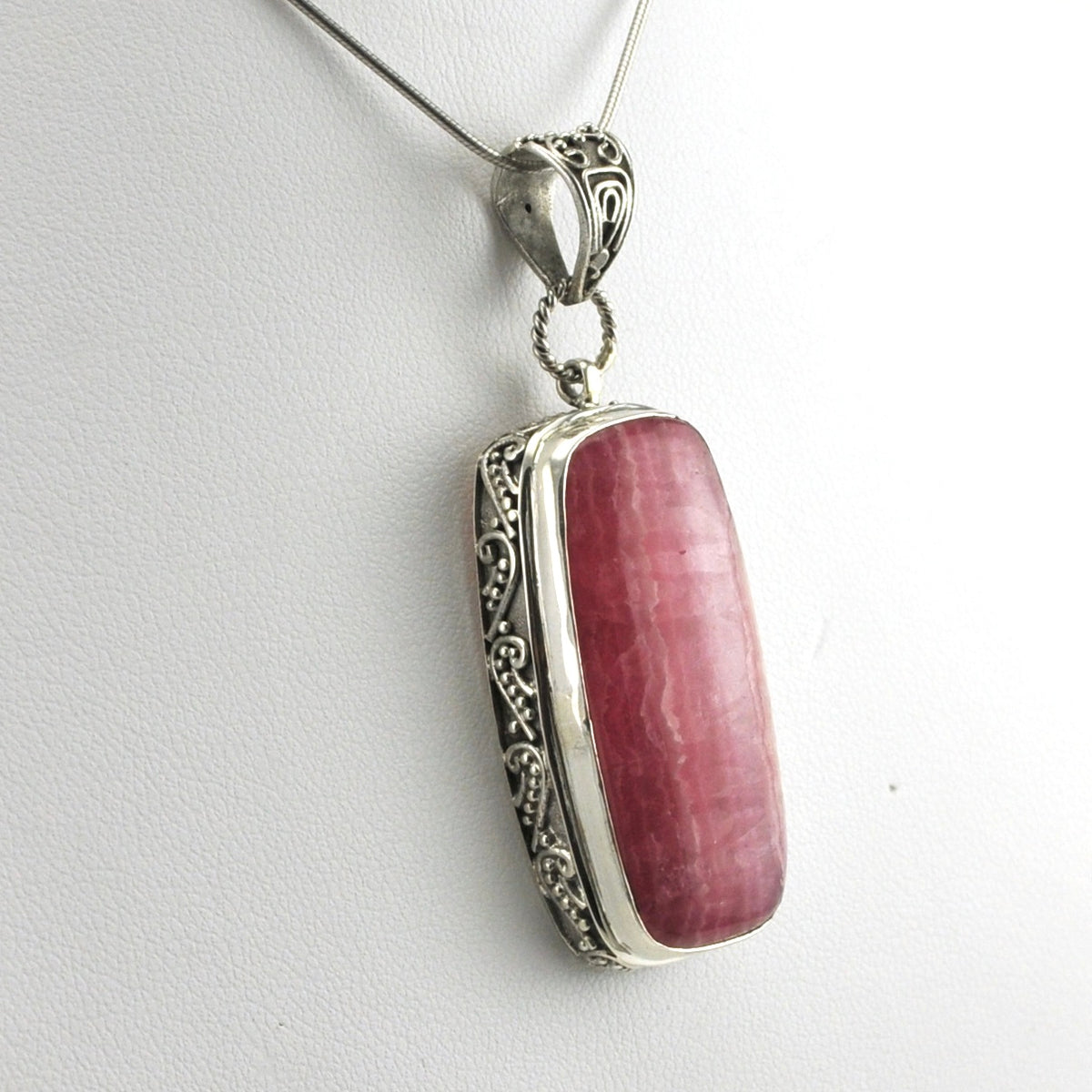 Side View Sterling Silver Rhodochrosite 15x32mm Rectangle Bali Pendant