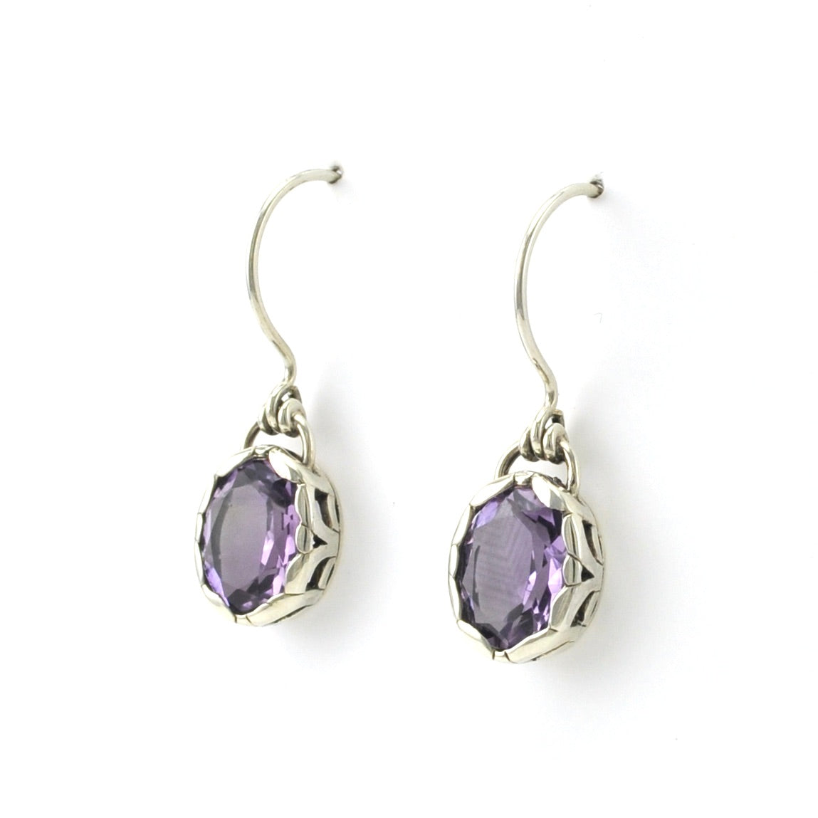 Sterling Silver Amethyst Oval Filigree Bezel Dangle Earrings