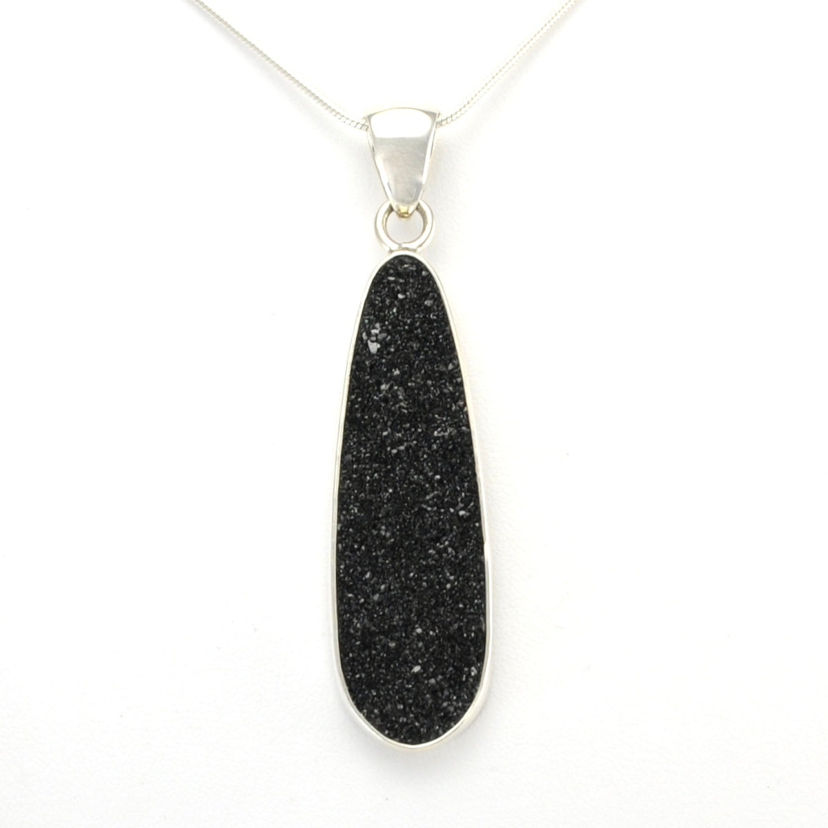 Alt View Sterling Silver Black Druzy Agate Long Pendant