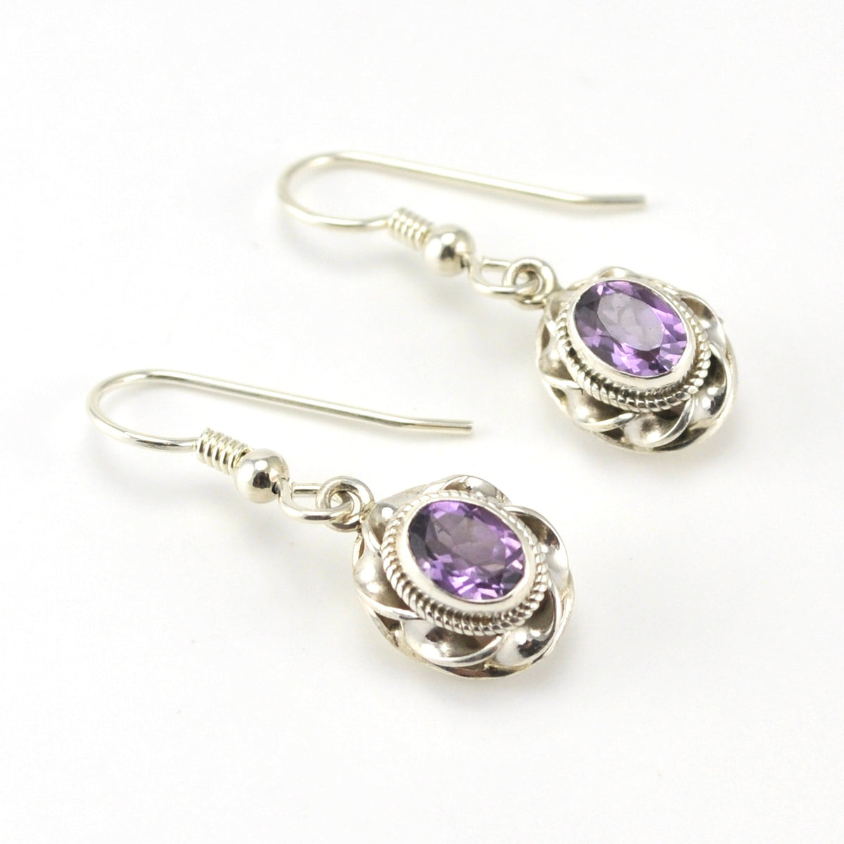 Sterling Silver Amethyst 5x7mm Oval Dangle Earrings