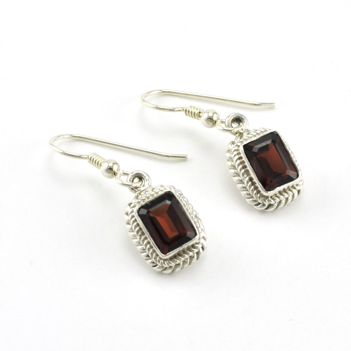 Sterling Silver Garnet 6x8mm Rectangle Dangle Earrings