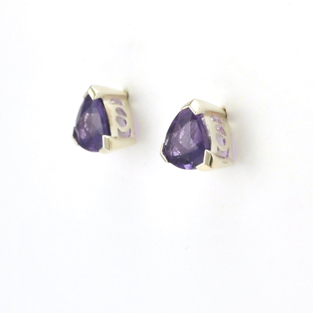 Side View Sterling Silver Amethyst 8mm Trillion Post Earrings