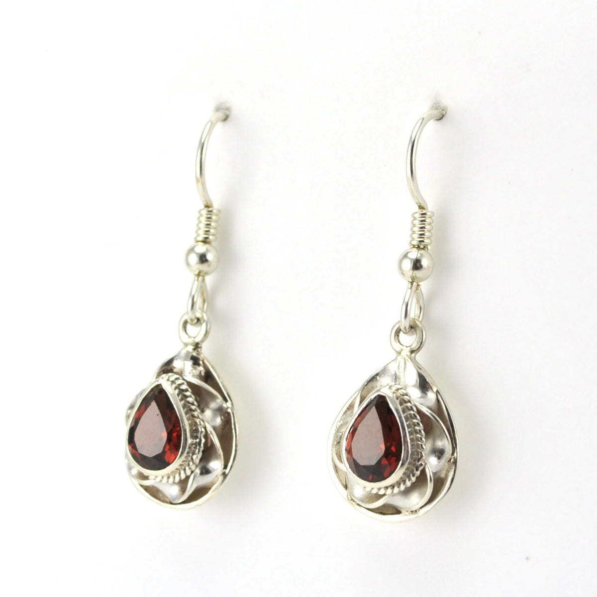 Side View Sterling Silver Garnet 5x7mm Twist Tear Earrings
