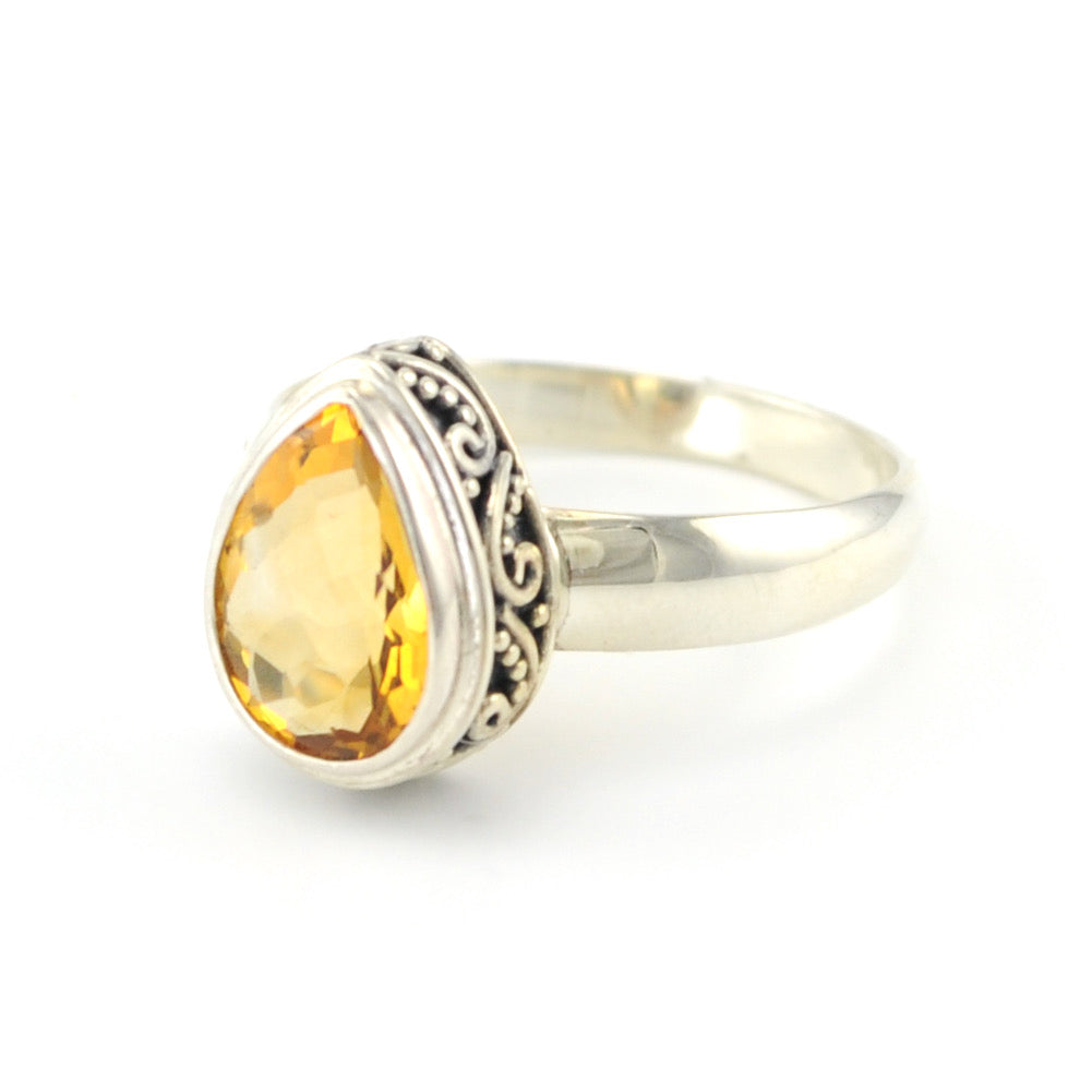 Silver Citrine Tear Bali Ring