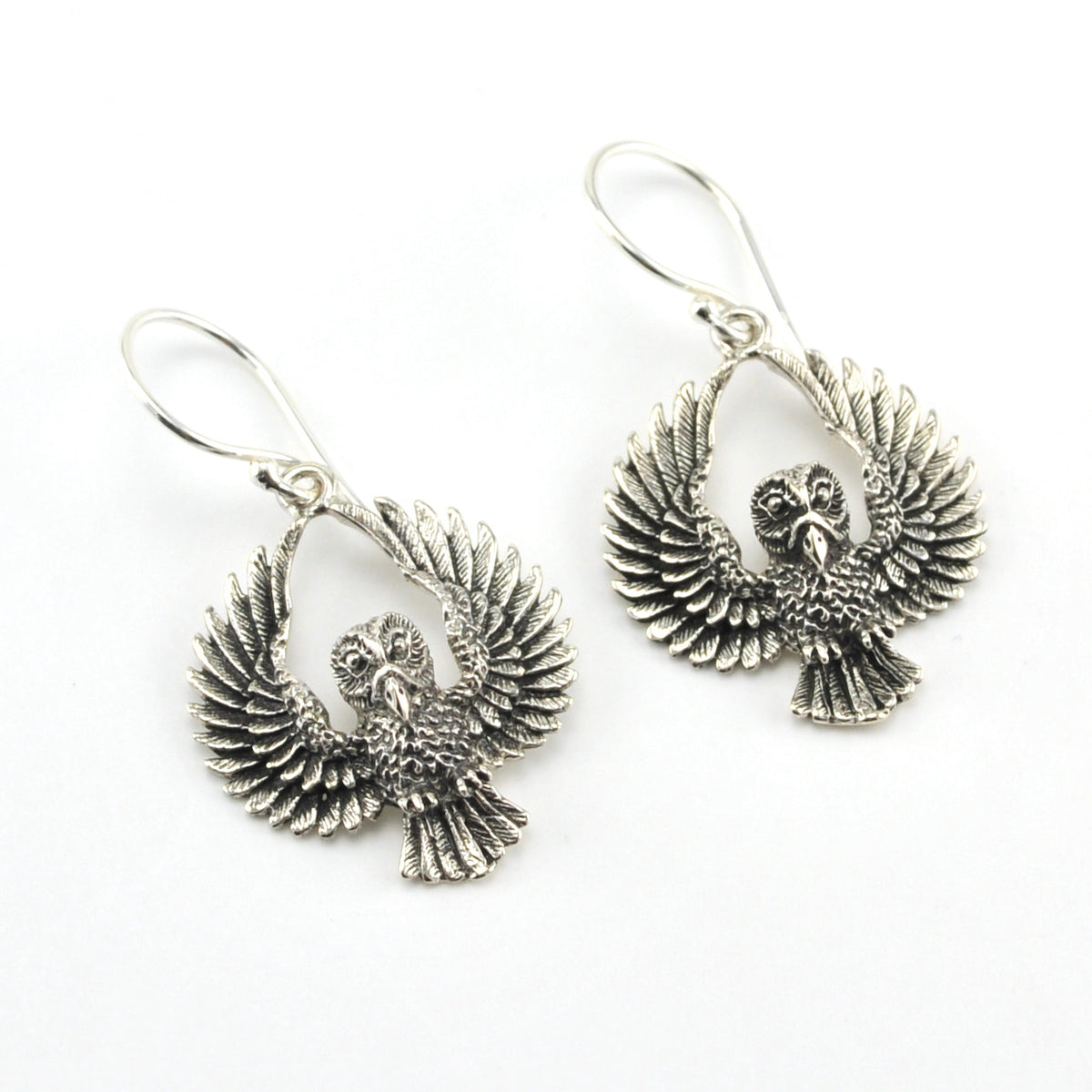 Silver Owl Flying Dangle Earrings