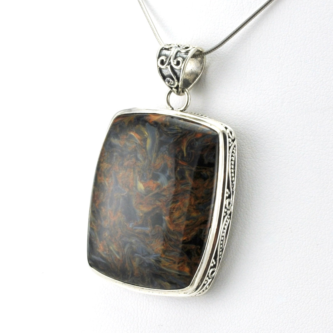 Sterling Silver Pietersite 28x34mm Rectangle Bali Pendant