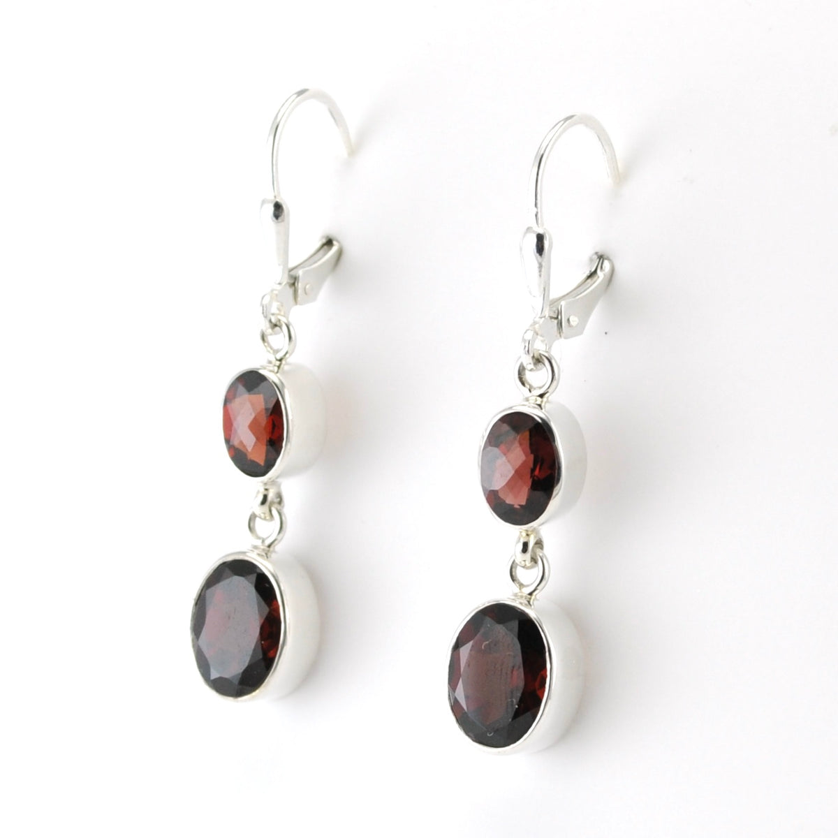 Sterling Silver Garnet 2 Oval Dangle Earrings