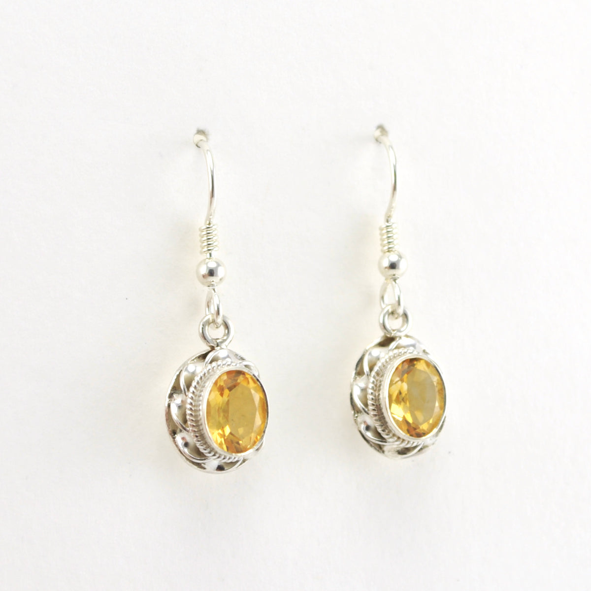 Side View Silver Citrine 6x8mm Oval Dangle Earrings