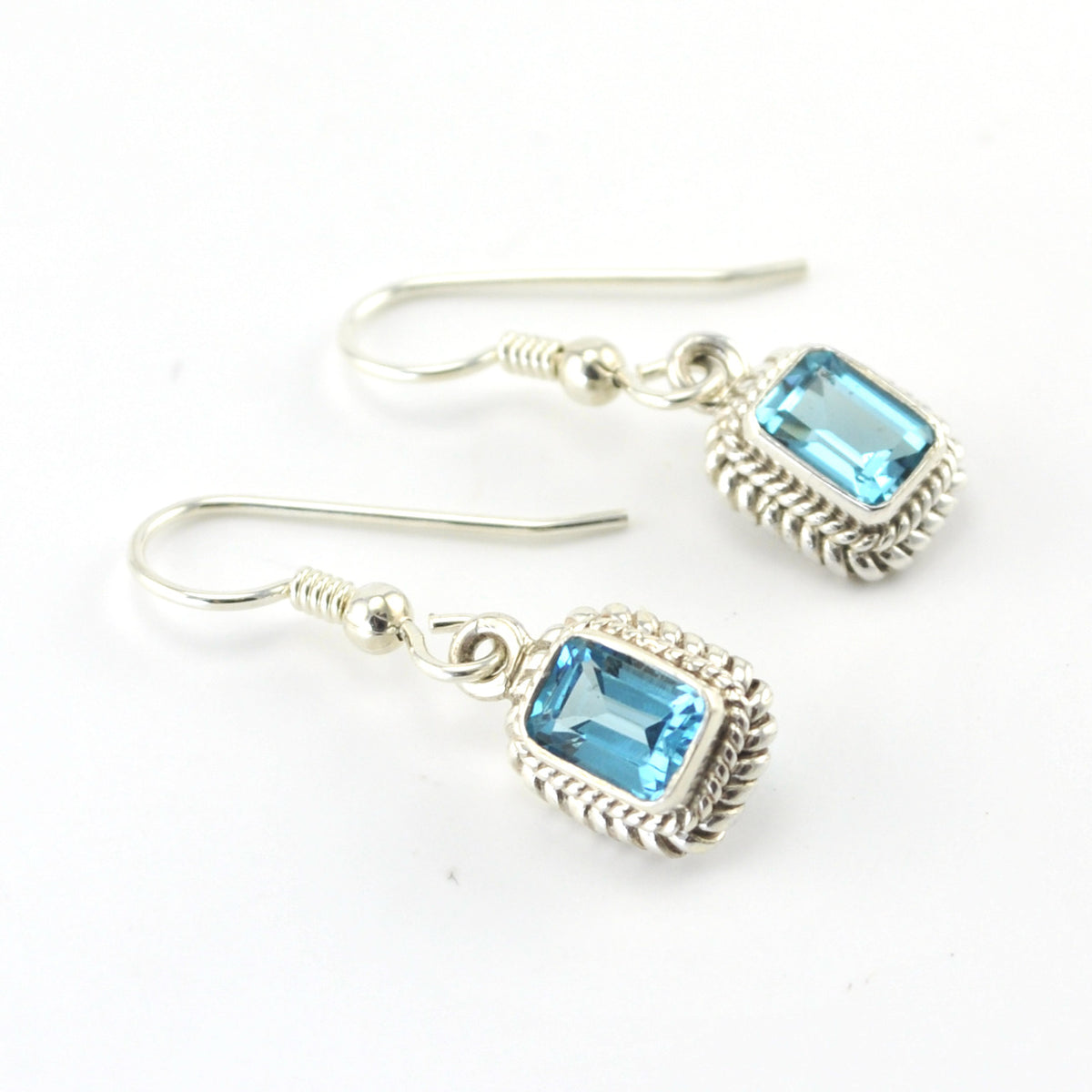 Silver Blue Topaz 5x7mm Rectangle Dangle Earrings