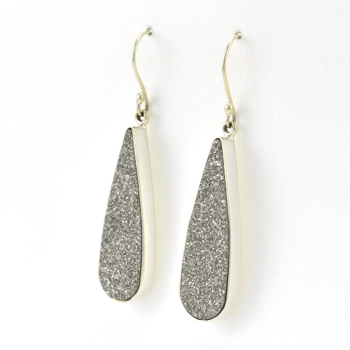 Side View Sterling Silver Platinum Druzy Long Tear Earrings