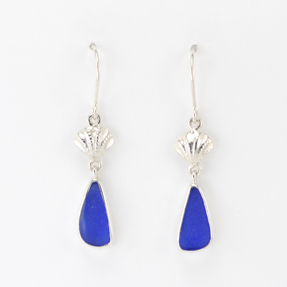 Alt View Silver Seashell Cobalt Sea Glass Earrings