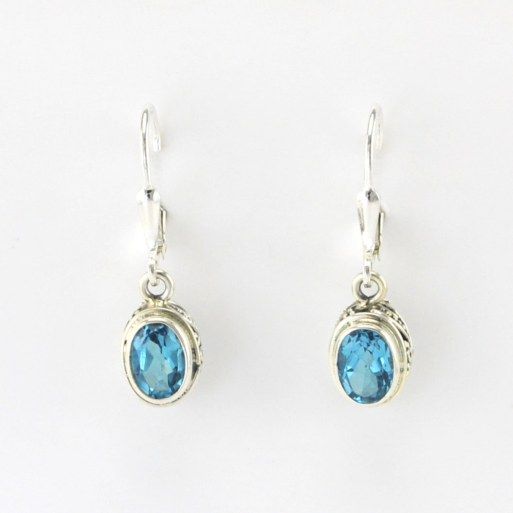 Alt View Silver Blue Topaz 5x7mm Oval Bali Dangle Earrings