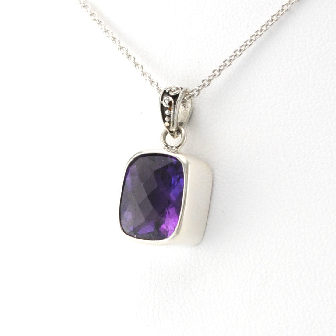 Silver Amethyst 9x11mm Rectangular Bali Necklace
