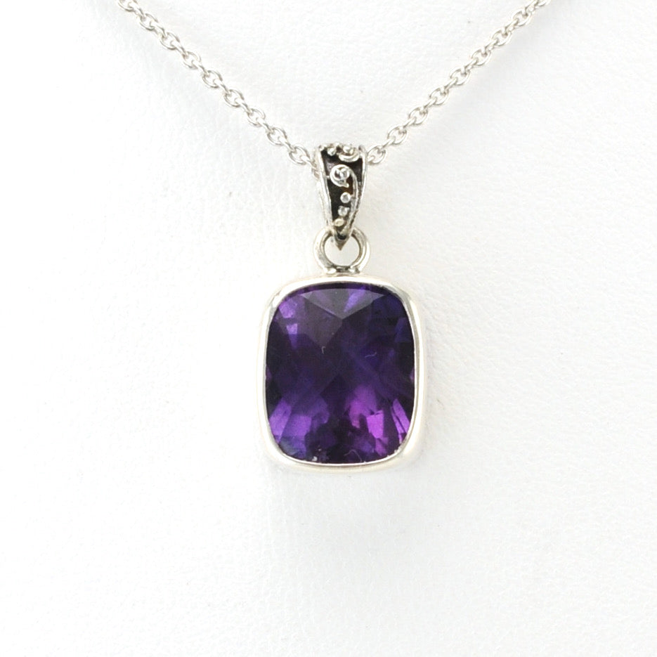Alt View Silver Amethyst 9x11mm Rectangular Bali Necklace