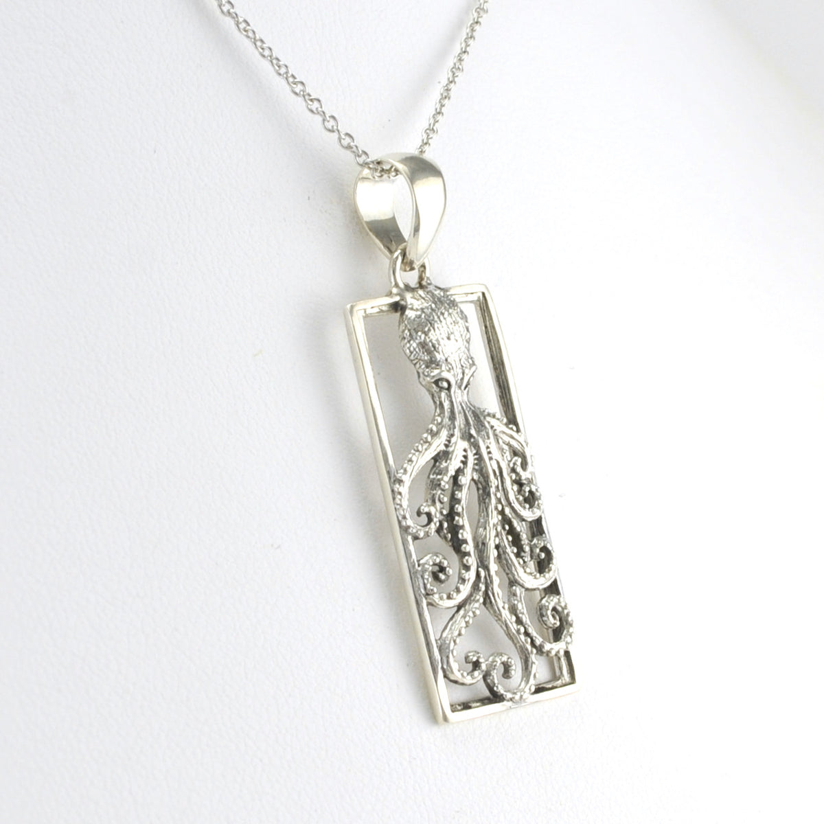 Side View Silver Octopus Rectangular Pendant