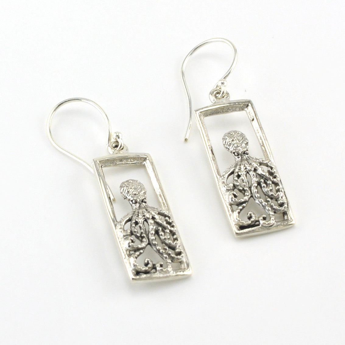 Silver Octopus Rectangle Earrings
