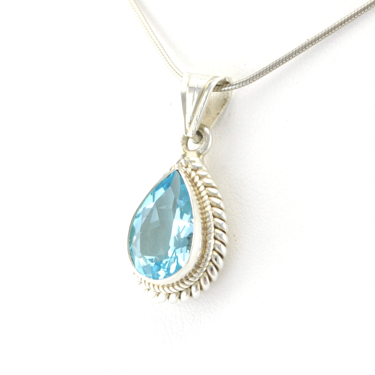 Side View Silver Blue Topaz 9x13mm Tear Pendant