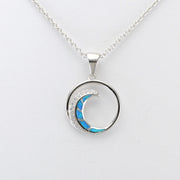 Front View Silver Created Opal CZ Wave Necklace