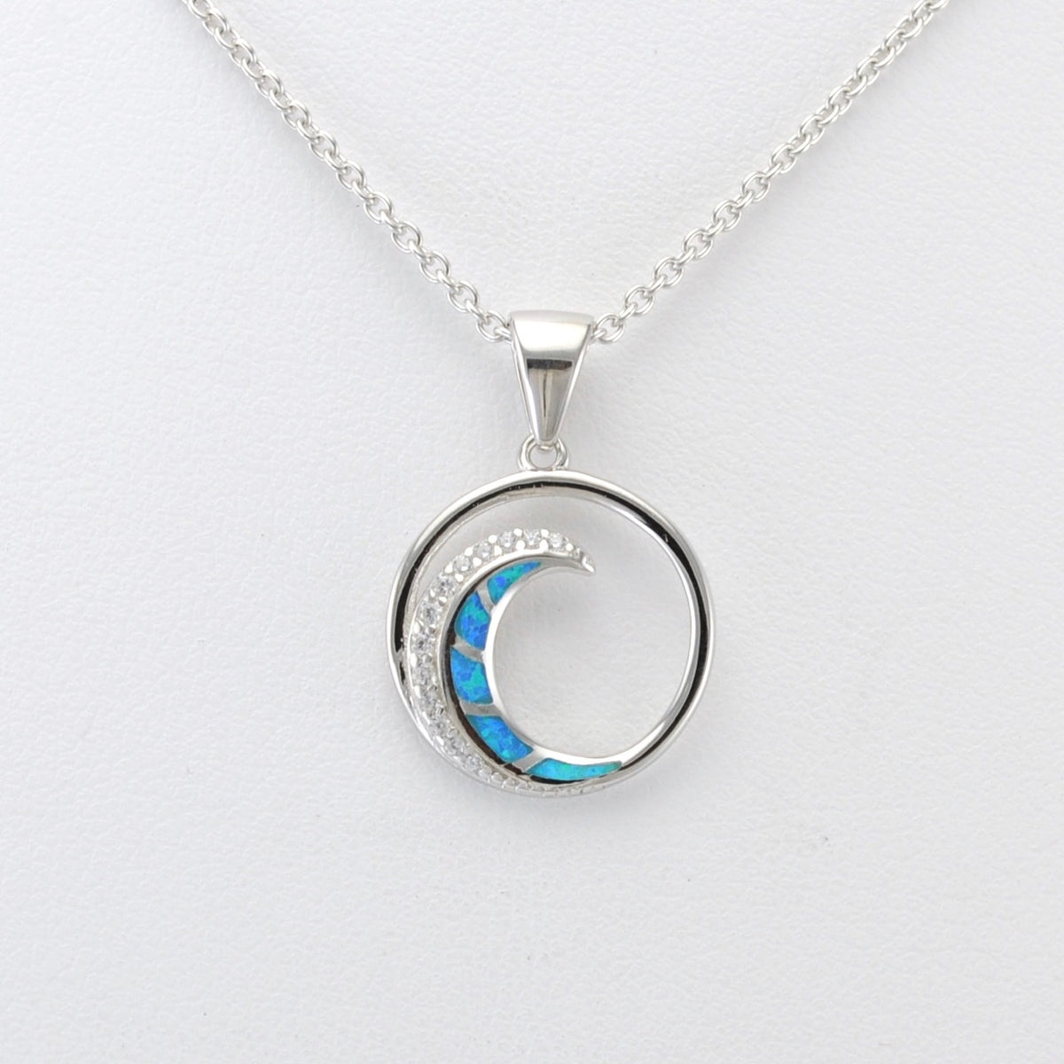 Front View Silver Created Opal CZ Wave Necklace