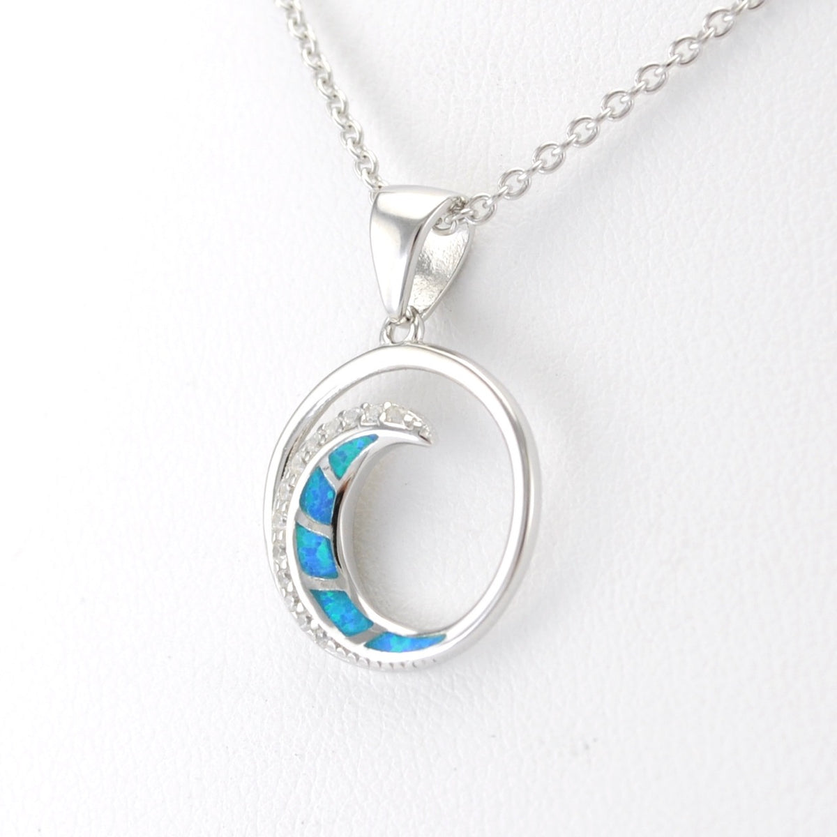 Silver Created Opal CZ Wave Necklace