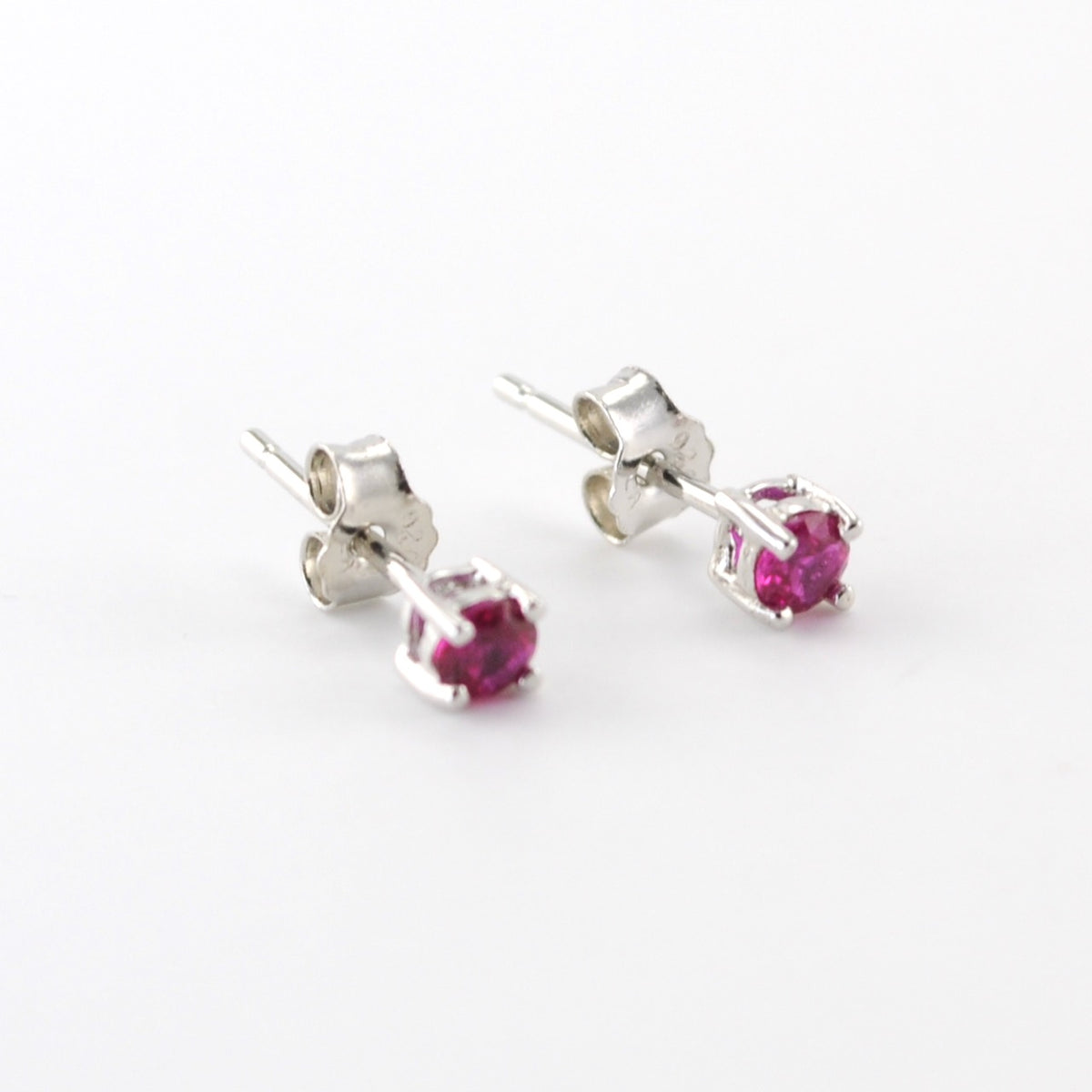 Side View Silver CZ Ruby 3mm Post Earrings
