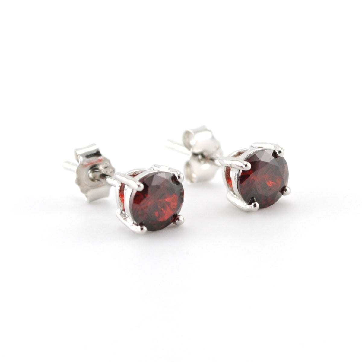 Side View Silver CZ Garnet 5mm Post Earrings