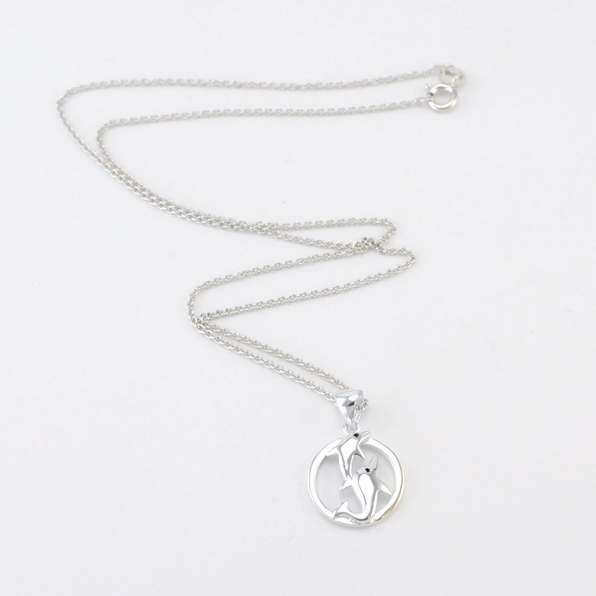 Full View Silver Double Dolphin Necklace