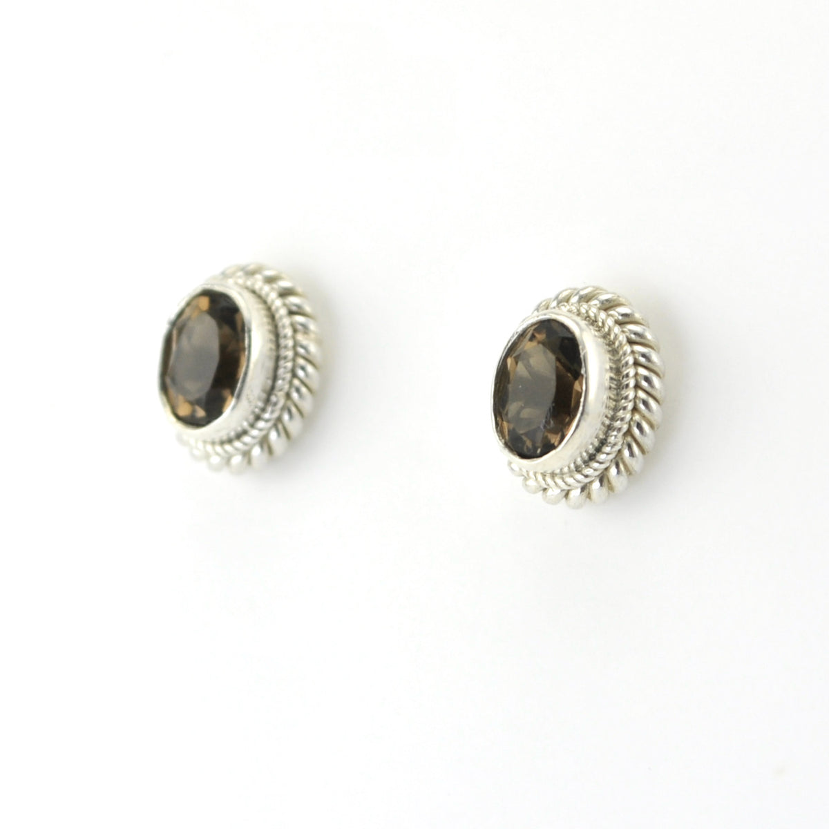 Side View Silver Smoky Quartz 5x7mm Oval Post Earrings