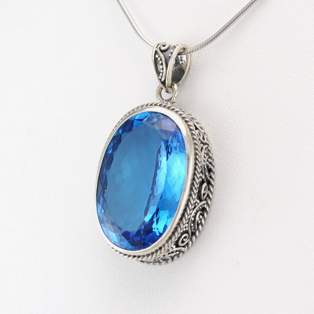 Silver Blue Topaz 14x22mm Oval Bali Pendant