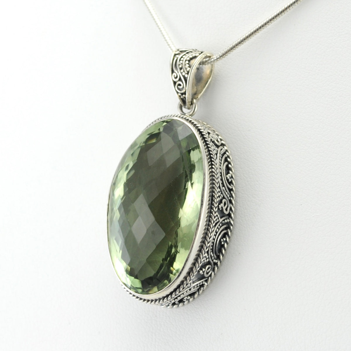 Silver Green Amethyst 18x30mm Oval Bali Pendant