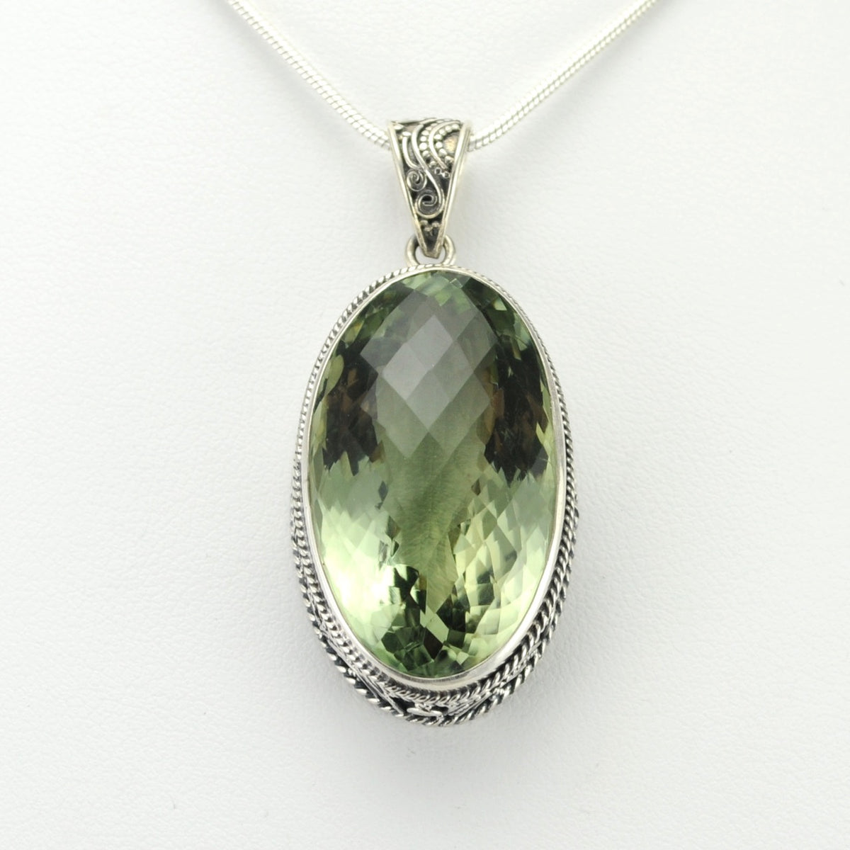 Alt View Silver Green Amethyst 18x30mm Oval Bali Pendant