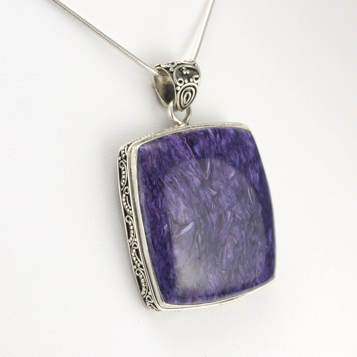 Side View Silver Charoite Square Bali Pendant
