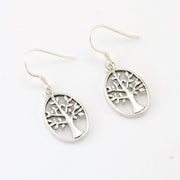 Side View Silver Tree of Life Oval Dangle Earrings