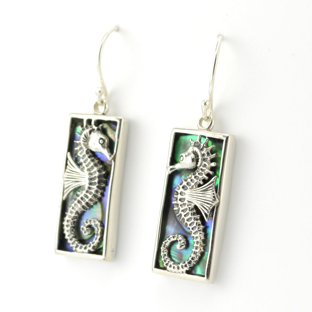 Side View Silver Abalone Seahorse Rectangle Earrings