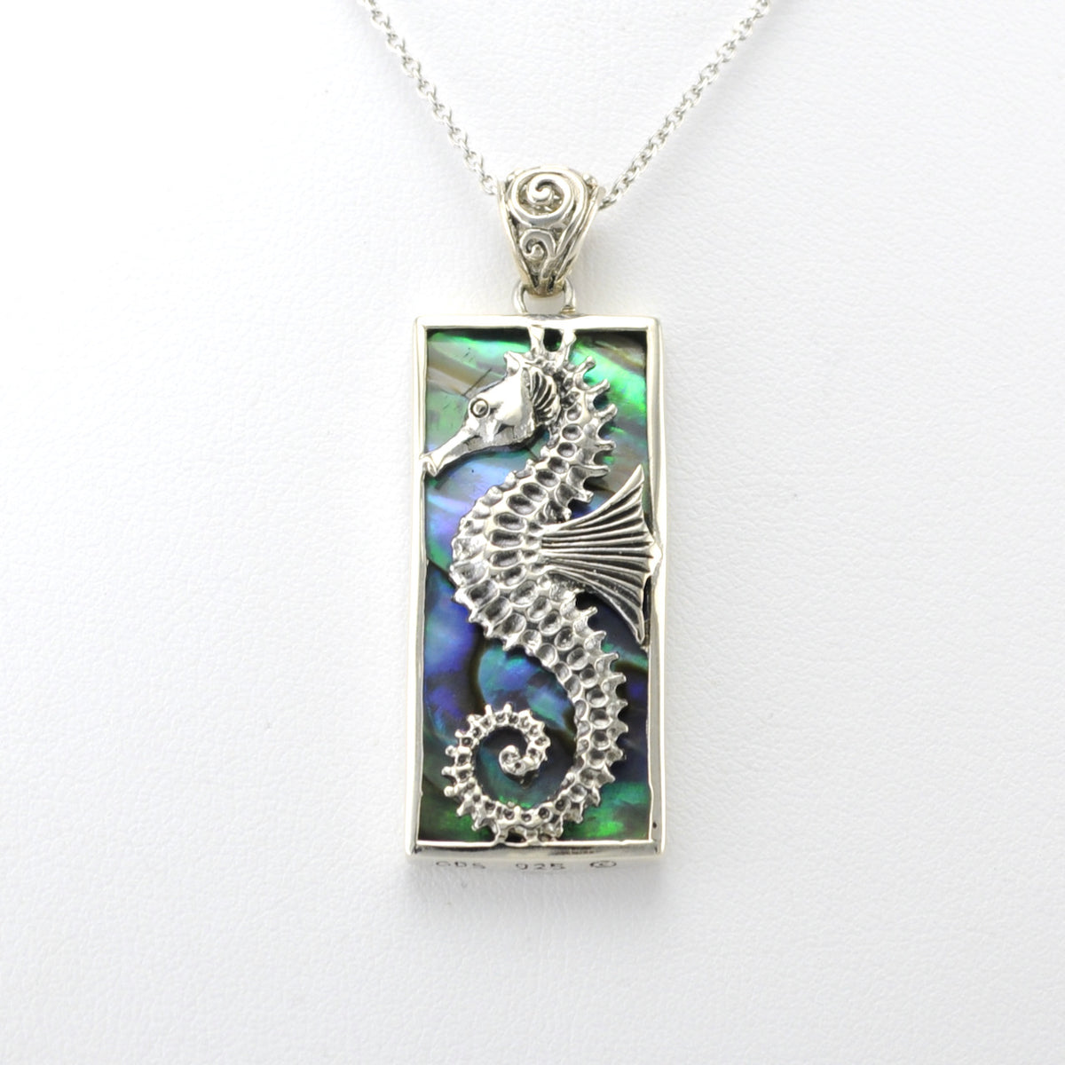 Silver Abalone Seahorse Rectangular Pendant
